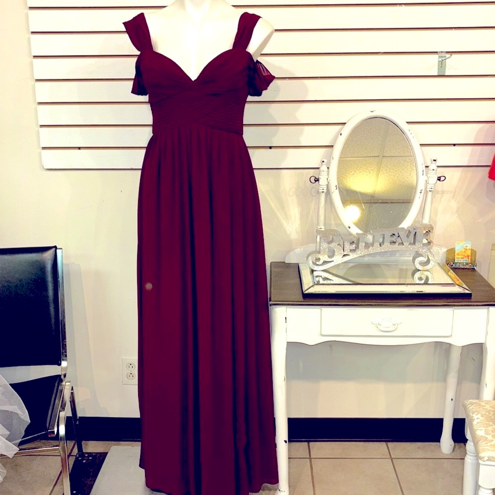 Lulu's Burgundy Off-Shoulder Chiffon Dress